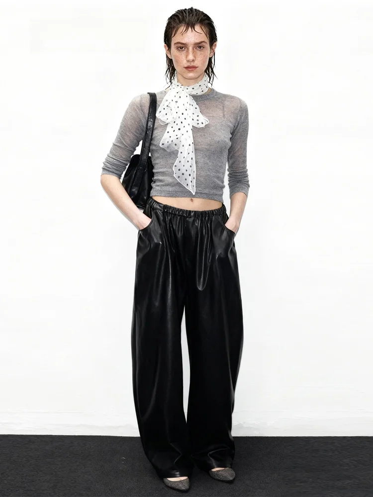 

Soft Leather Pants Protein Q Stretch Comfortable Loose Casual Pants Wide Leg Pants High Waist Polyester Fiber Spandex