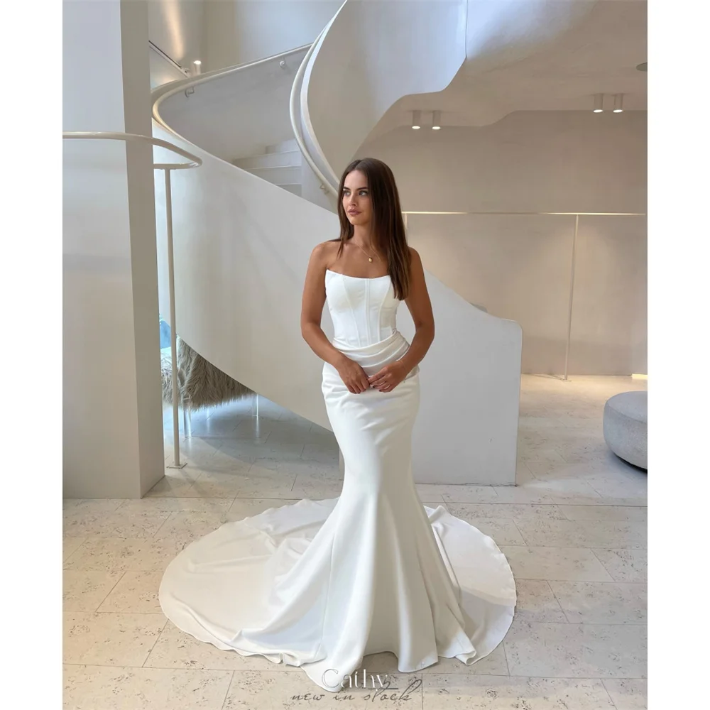 Cathy Customized White Strapless Mermiad Wedding Dress Zip Back Brush Train vestidos de noiva Elegant Sleeveless Formal Evening