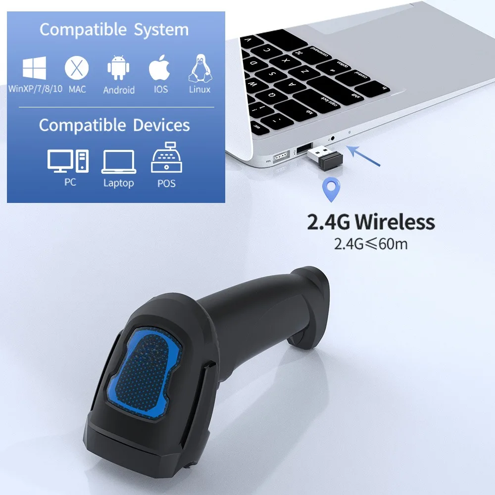 Handheld 2D 1D QR Code Reader Barcode Scanner Gun for Express Inventory Clothing Books - Wired/Wireless Options Available