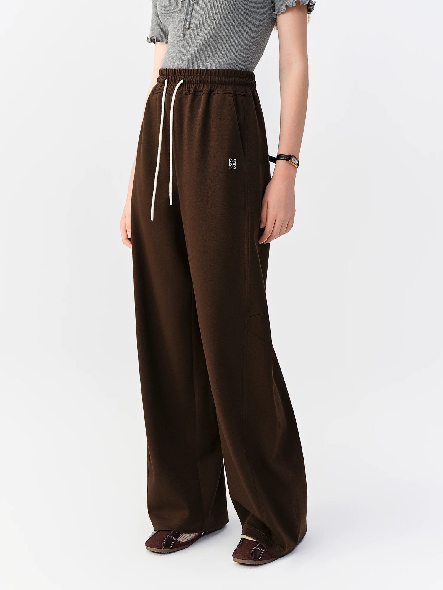 DUSHU 2026 Autumn New Women's Color-Block Drawstring Wide-Leg Pants Slimming Straight-Leg Trousers Available in Multiple Sizes