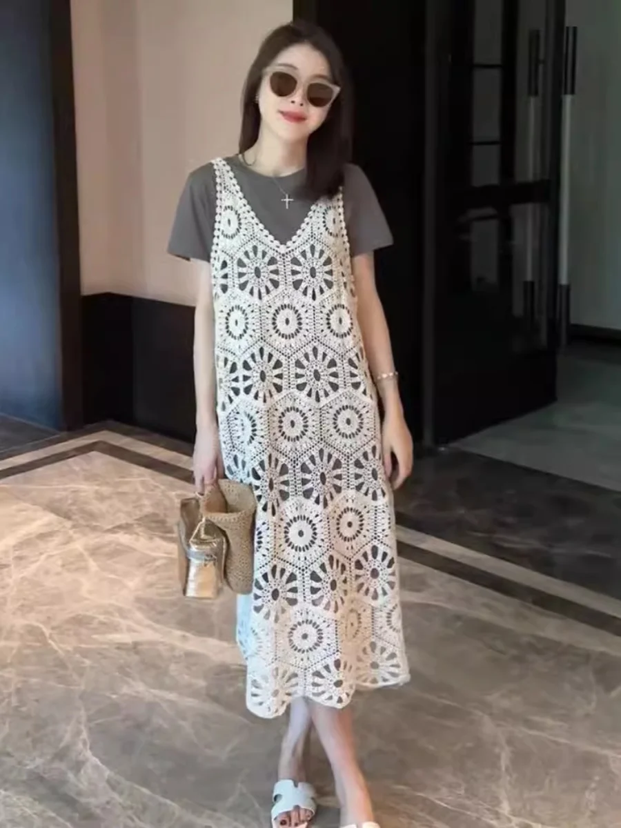 Ele T-shirt scavata e Dr Set Abito estivo di media lunghezza coreano allentato da donna con ricami floreali