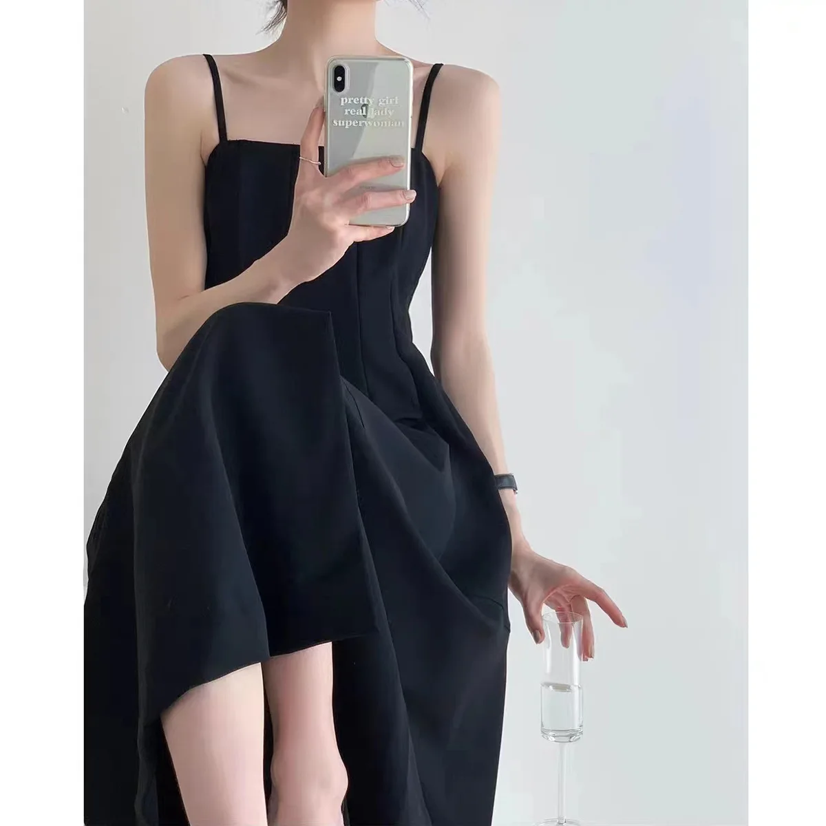 Robe Longue à Col Licou pour Femme, Tenue Française, Noire, Sexy, Taille Haute, Ouverte, Tempérament, ixd'Anniversaire, Club, Camisole, Nouvelle Collection Été