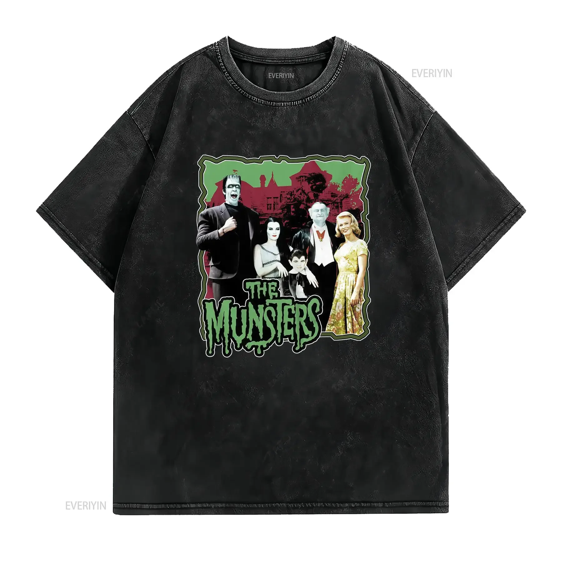 Vintage Retro The Munsters Classic Monster Family TV Show Print Casual T Shirt vintage Washed homme fashion Stretched Slightly