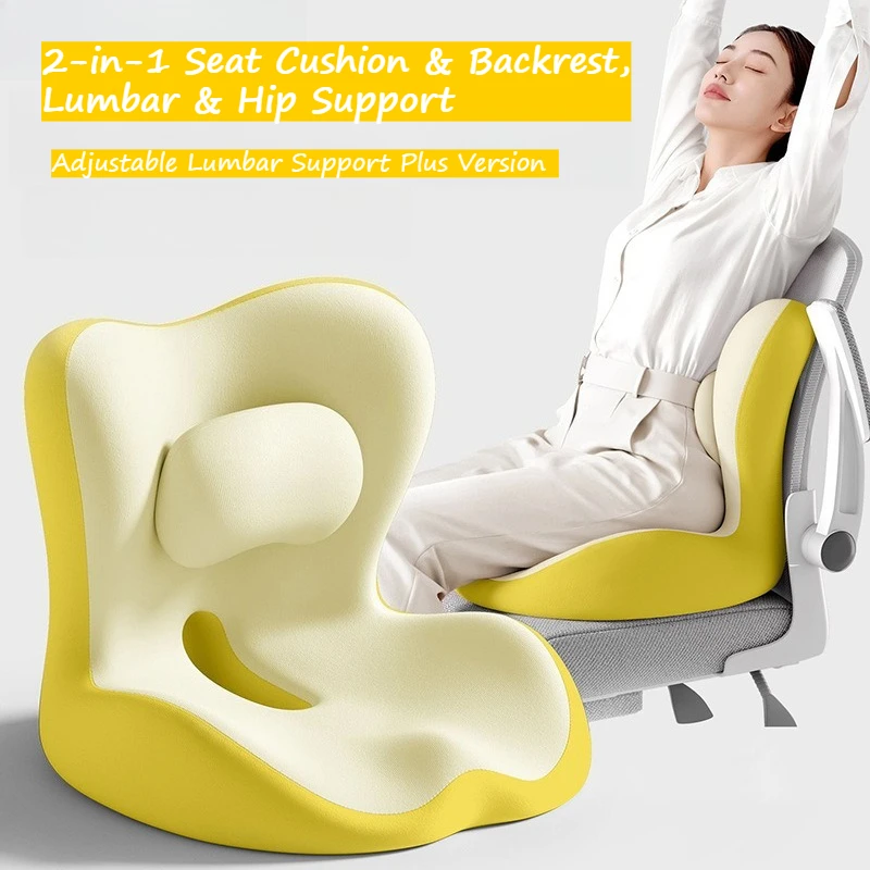 Ergonomic 2-in-1 Lumbar & Seat Cushion, Adjustable Back Support Pillow for Office Chair, Hip & Waist Pain Relief for Car, Home