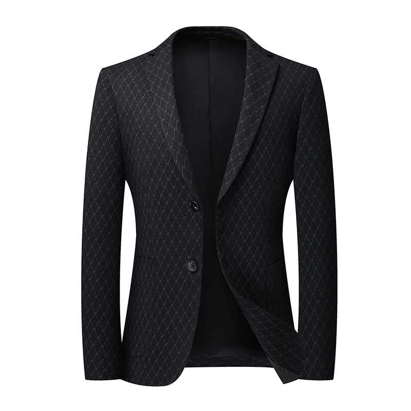 Quiet Luxury Men Black Subtle Pattern Blazer Business Casual Notched Collar Slim Fit Suit Jacket Gentlemen Elegant Outfits