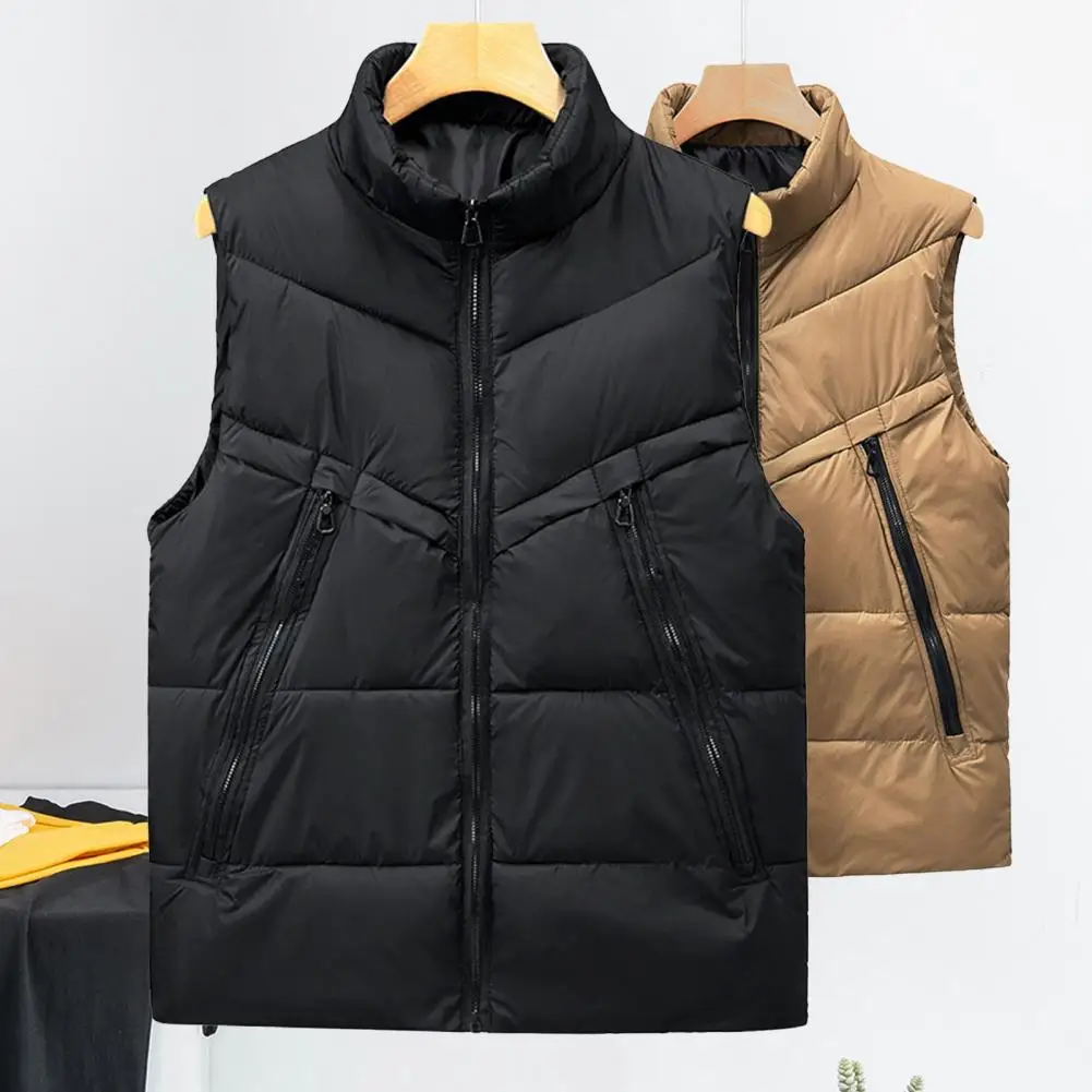 

Men Sleeveless Stand-up Collar Vest Zipper Placket Waistcoat Men's Stand Collar Sleeveless Quilted Cotton Vest Coat for Winter