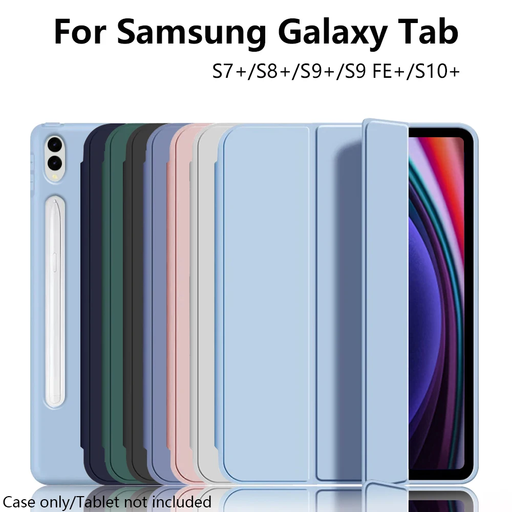 

Чехол для Samsung Tab S9 FE S10 Plus 12.4 дюйма, трёхсекционная подставка, смарт-обложка с мягкой задней панелью из TPU, функция автоматического включения/выключения