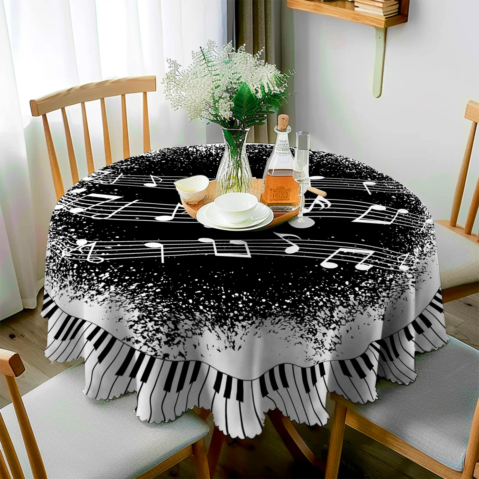 Piano Key Music Score Printed Theme Tablecloth, Vintage Splatter Texture, Elegant Musical Note Pattern, Multiple Size Options, Embossed Edges, Waterproof, Wrinkle-Resistant, Fade-Resistant, Perfect Gift for Family and Friends, Rectangular and Round Table Covers, Suitable for Spring, Summer, Autumn, and Winter, for Piano Room Decoration, Artistic Living Room, Home Kitchen, Room, Courtyard, Balcony, Picnic, Coffee Shop, Restaurant Tabletop.