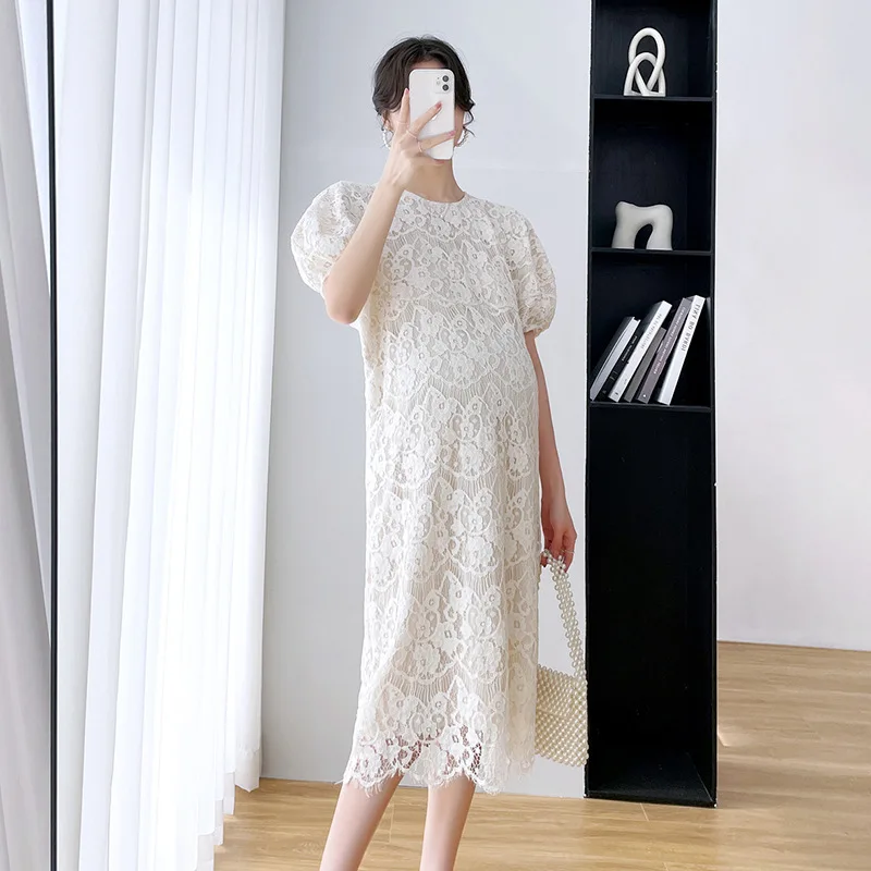 maternity-summer-new-style-heavy-embroidery-lace-floral-mid-length-skirt-bubble-sleeve-high-waist-casual-fish-tail-skirt