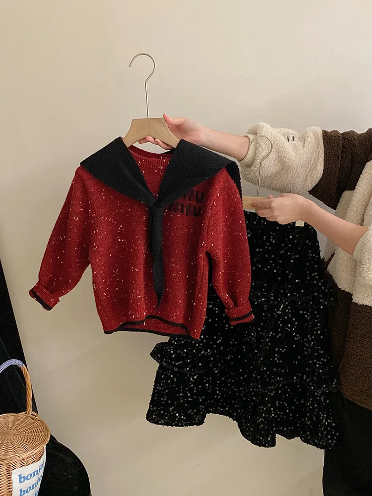 

Girls' Elegant Fleece-Lined Sequin Skirt Autumn Winter Detachable Navy Collar Polka Dot Letter Sweater Set