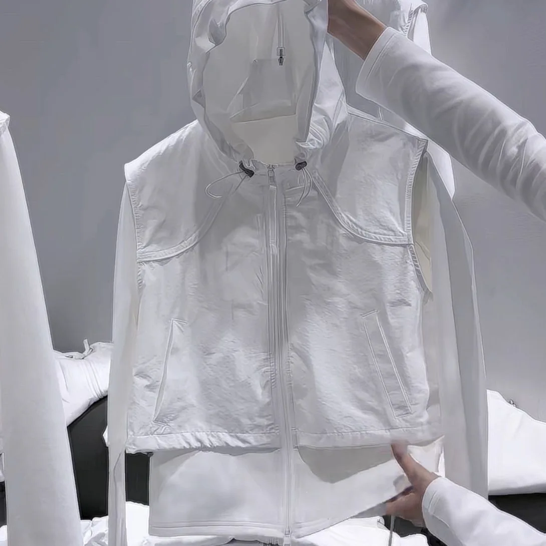 Women's 2-In-1 Hooded Jacket, Zip-Up Cropped Vest with Long Sleeve Base Layer, Quick-Dry Lightweight Sun Protection Coat
