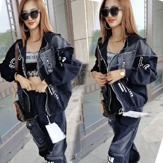 2023 moda Oversize kurtka dżinsowa z kapturem + wysokie oczekiwania luźne jeansy damskie spodnie dwuczęściowe spadek stroje kobiety Denim spodni garnitur