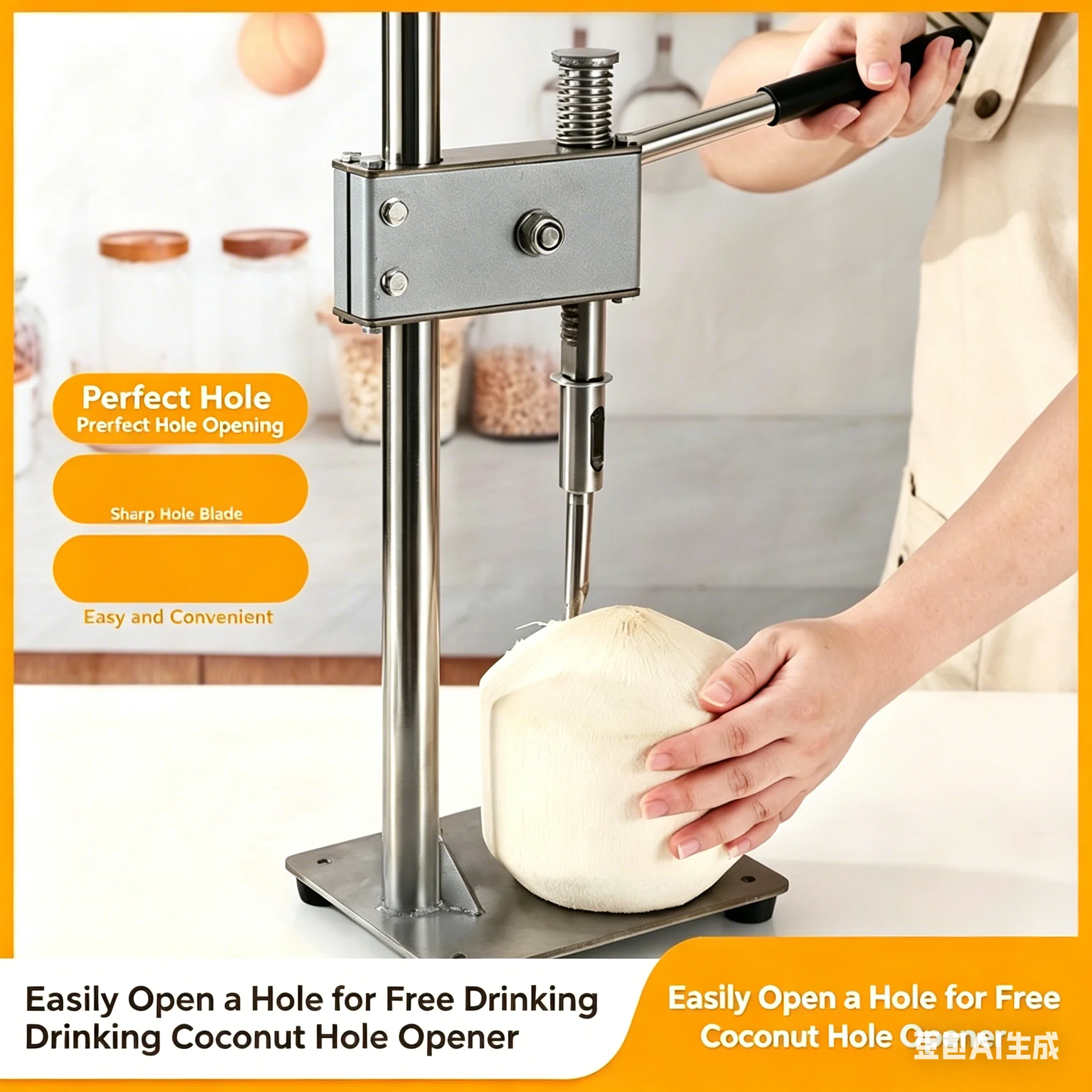 Green Coconut Punching Machine Fruit Open Drilling Knife Stainless Steel Manual Coconut Cap Opener Coconut Shell Opening Tool