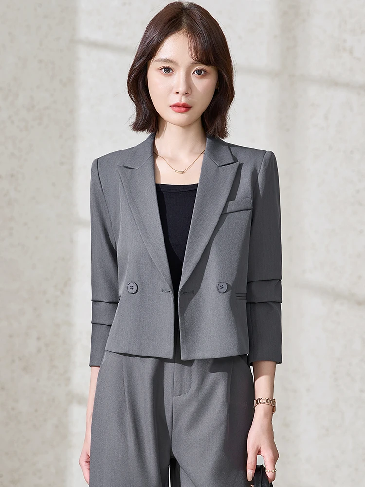 

Серый укороченный пиджак женский, весна-осень 2026, новинка, маленький размер, профессиональный модный костюмный комплект, повседневный стиль, свободный крой