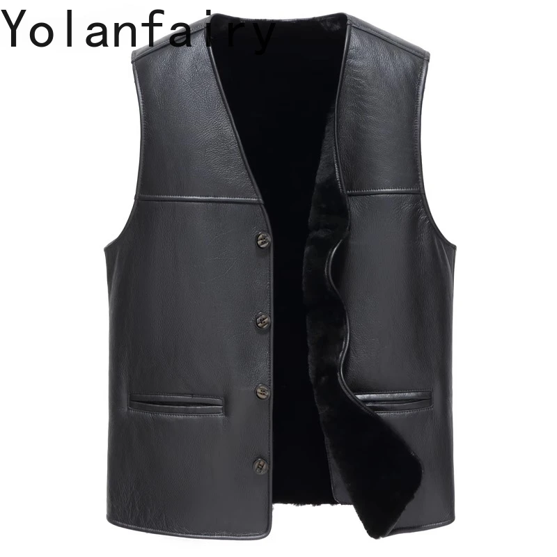 

YOLANFAIRY натуральная кожаная куртка из овчины, мужская зима 2025 года, шуба без рукавов из натуральной шерсти, мужской короткий черный жилет, теплый жилет