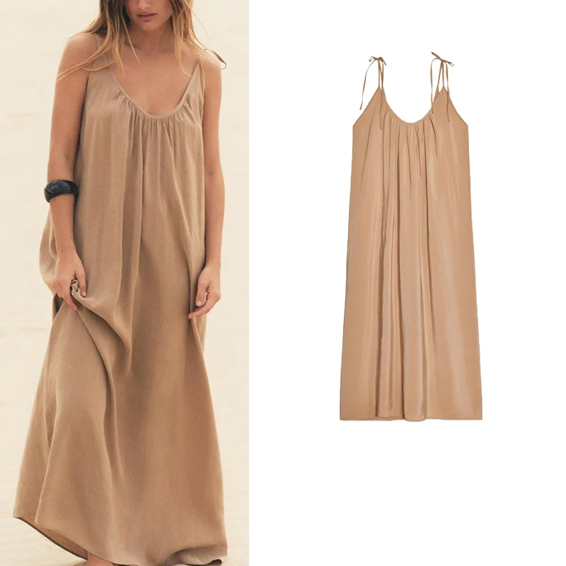 فستان صيفي جديد للنساء بتصميم مطوي وزينة دائرية الرقبة، مريح بدون أكمام، متوسط الطول، فضفاض الخصر، مصنوع من ألياف البوليستر، ...