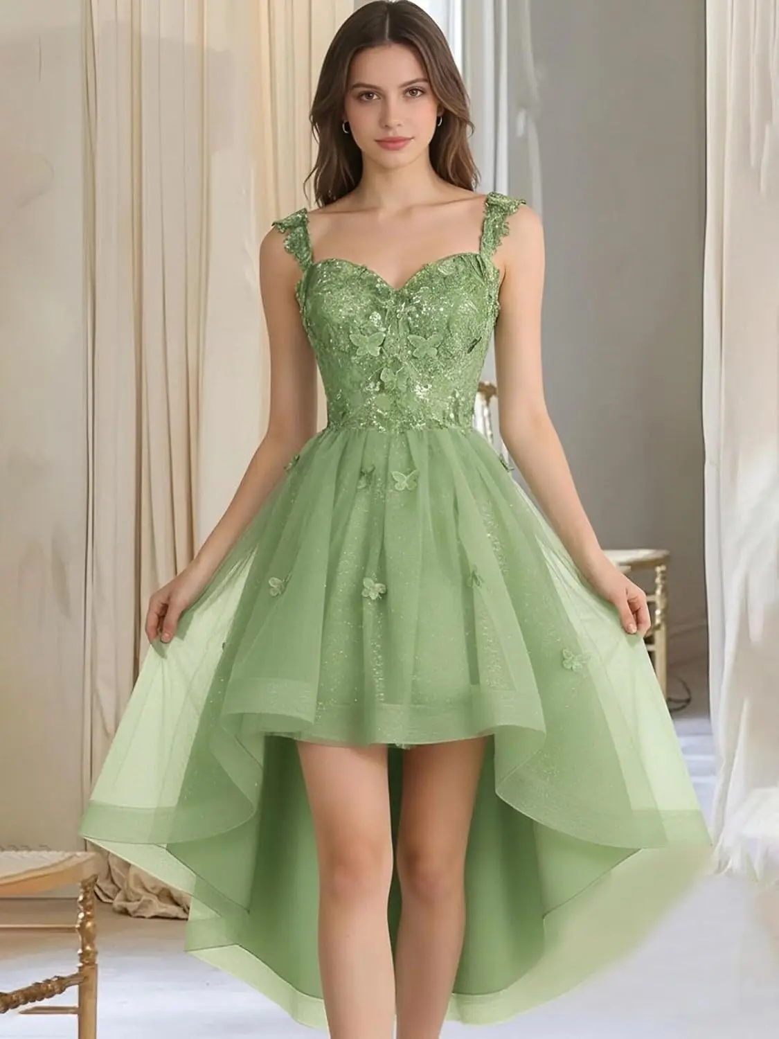 Customized Tulle A Line Homecoming Dresses for Teens Spaghetti Strap Lace Applique High Low Formal Prom Party Gowns