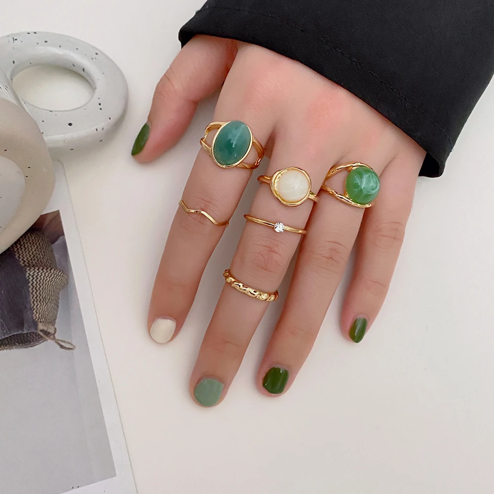 KISSWIFE Vintage Golden Metal Green Opalescent Stone Rings Set for Women Elegant Thin Finger Ring Fashion Jewelry Wedding Gifts