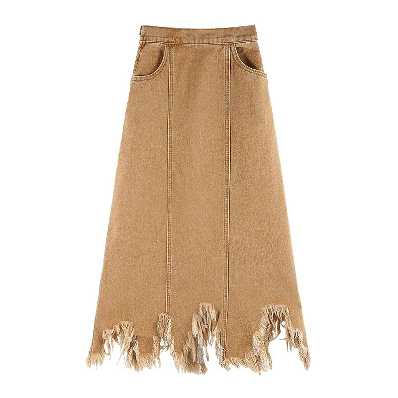 

2023 New Arrival Summer Fashion Women Loose Casual A-line Mid-calf Skirt Asymmetry Tassel Design Cotton Denim Skirts D274