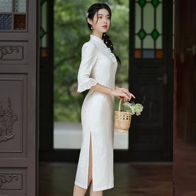 Lace Patchwork White Cheongsam Vintage Half Sleeve Chinese Traditional Dress Slim Female Women Long Qipao S To 3XL