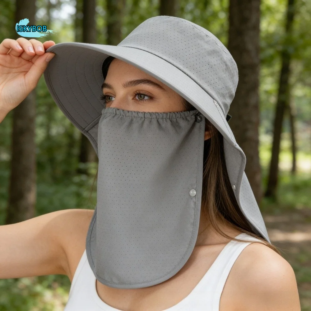 

Fisherman Hat Wide-Brimmed Shawl Mask Hat Solid Color Breathable Picking Tea Hat Adjustable Soft Sunshade Sun Hat Sport