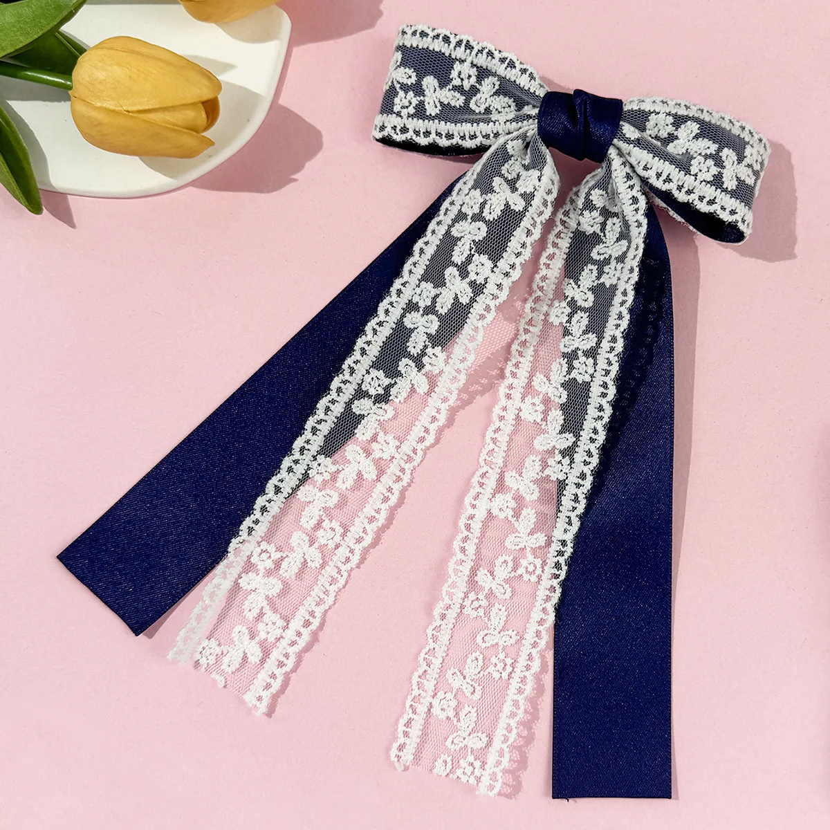 24pcs Korean Style Hair Clips Long Tassel Ribbon Bow Lace Floral Embroidered Barrettes Bridal Grips for Women And Girls Bulk