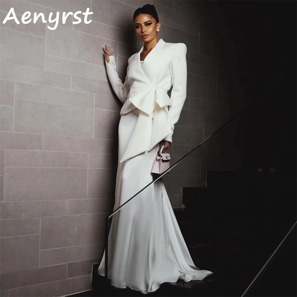 

Aenryst Elegant V Neck Long Sleeves Evening Dresses Two-Piece Mermaid Satin Prom Dress For Women Floor Length Formal Party Gowns