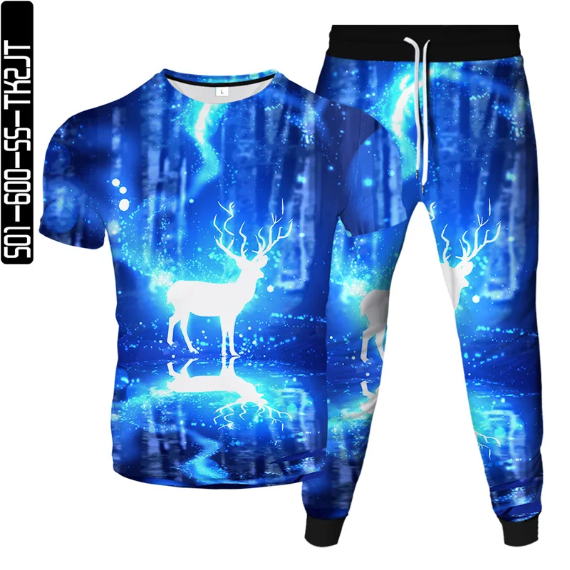 Men Women T-Shirt+Trousers 2pcs Set Animal Sika Deer Moon Sun Galaxy Harajuku Style Tracksuit Male Oversized Clothing Suit 6XL