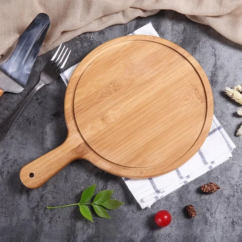 Wooden Pizza Board Round With Hand Pizza Baking Tray Pizza Stone Cutting Board Platter Pizza Cake Bakeware Kitchen Tools