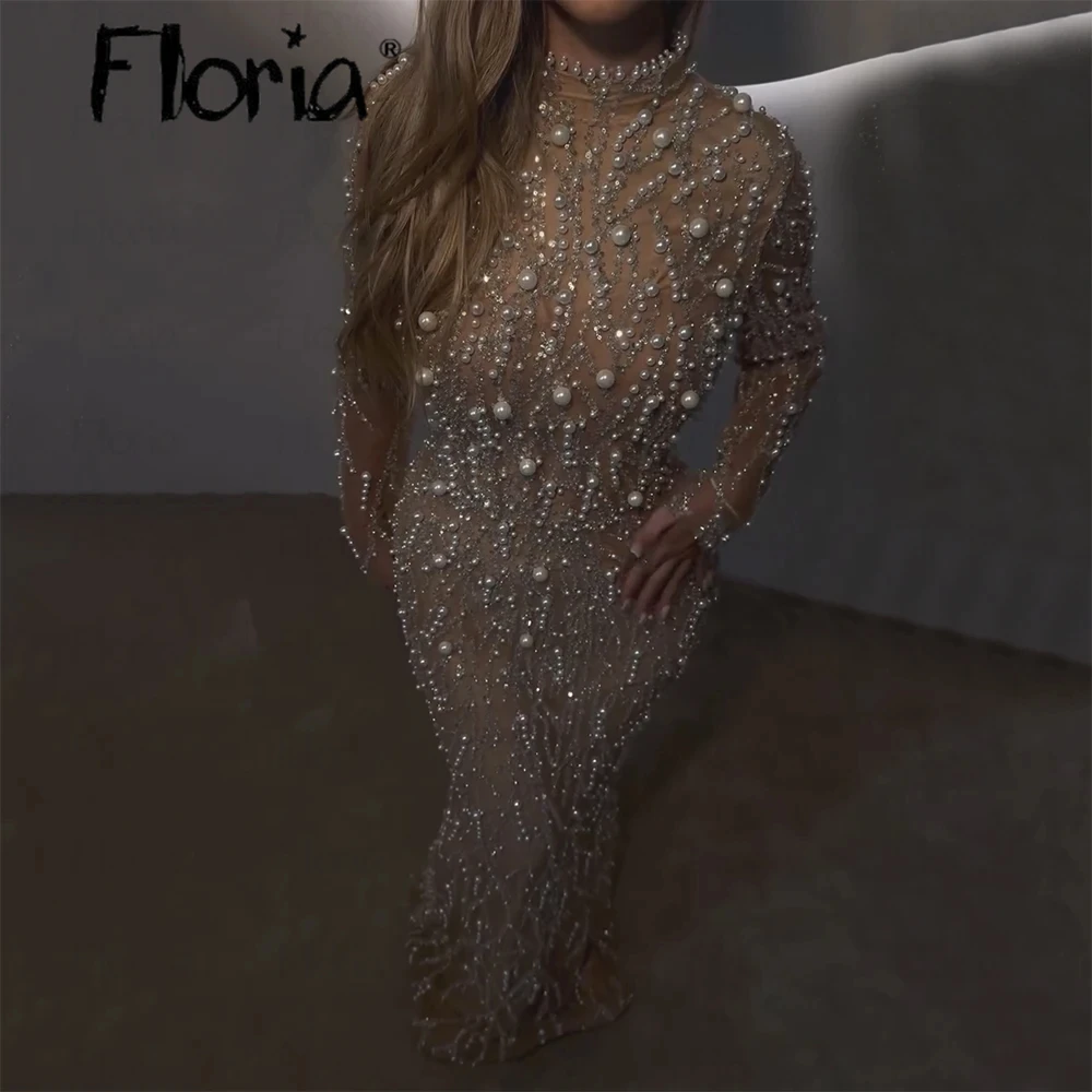 Glitter Female Champagne Maxi Evening Dress Mesh Pearls Fashion Long Sleeve Muslim Cover up Dress For Women Weddings Customized