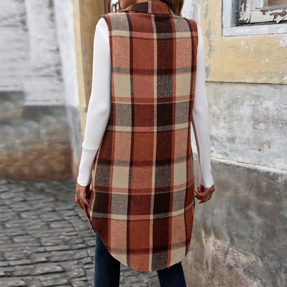 

Sleeveless Vest Plaid Print Women's Long Vest with Breast Pockets Stylish Outerwear for Daily Wear Work Dating Loose Waistcoat