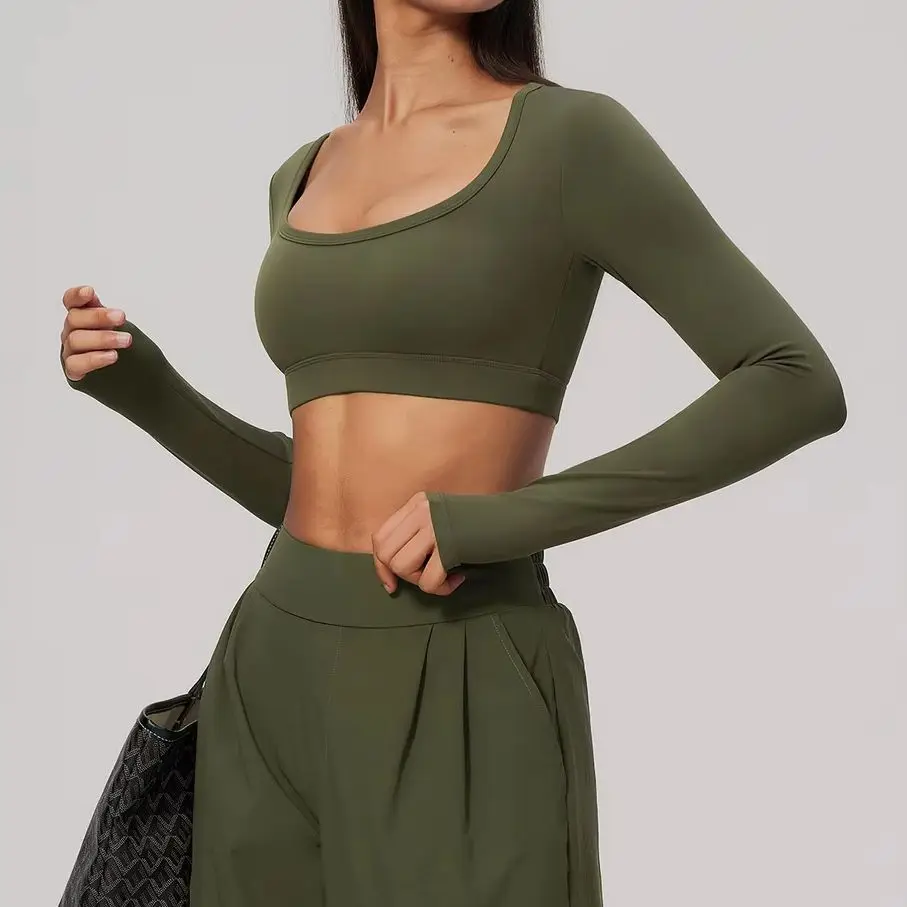 Women's Yoga Shirt Long Sleeve Slim Fit High Elasticity Sport U-shaped Collar Top Gym Breathable Sport Pilates Training Crop Top