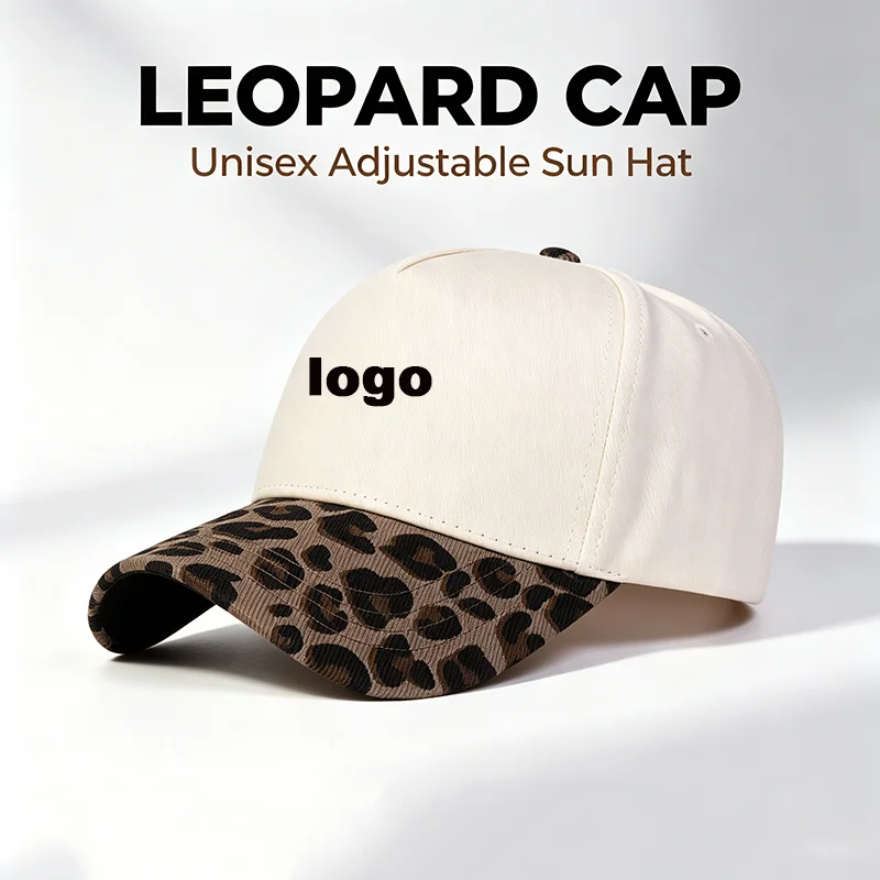 Custom Logo Leopard Print Brim Baseball Cap Women Men Splicing Color Block Trucker Hat Adjustable Outdoor Sun Hat