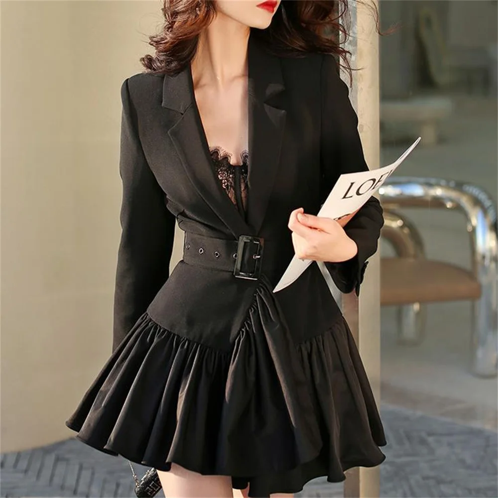 new slim waist black suit slong sleeves pleated  women dress belt  boho  veatido de fiesta elegante