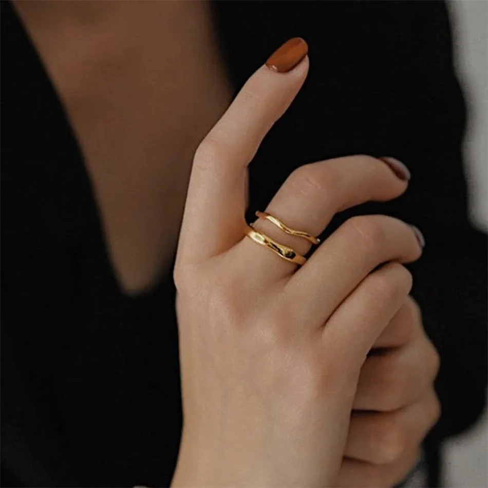 EMANCO Goldfarbene / Silberfarbene Unregelmäßige Wellenringe Trendiger Einfacher Geometrischer Handgefertigter Schmuck für Frauen und Paare – Detail 3