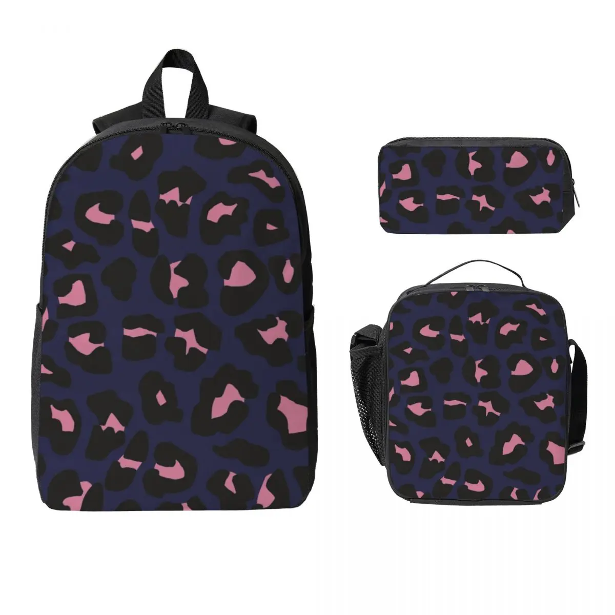 

Navy And Pink Leopard Print Backpack Student Boys Girls BookBag School Bag Shoulder Bags 3ps Insulated Lunch Bag Pencil Case