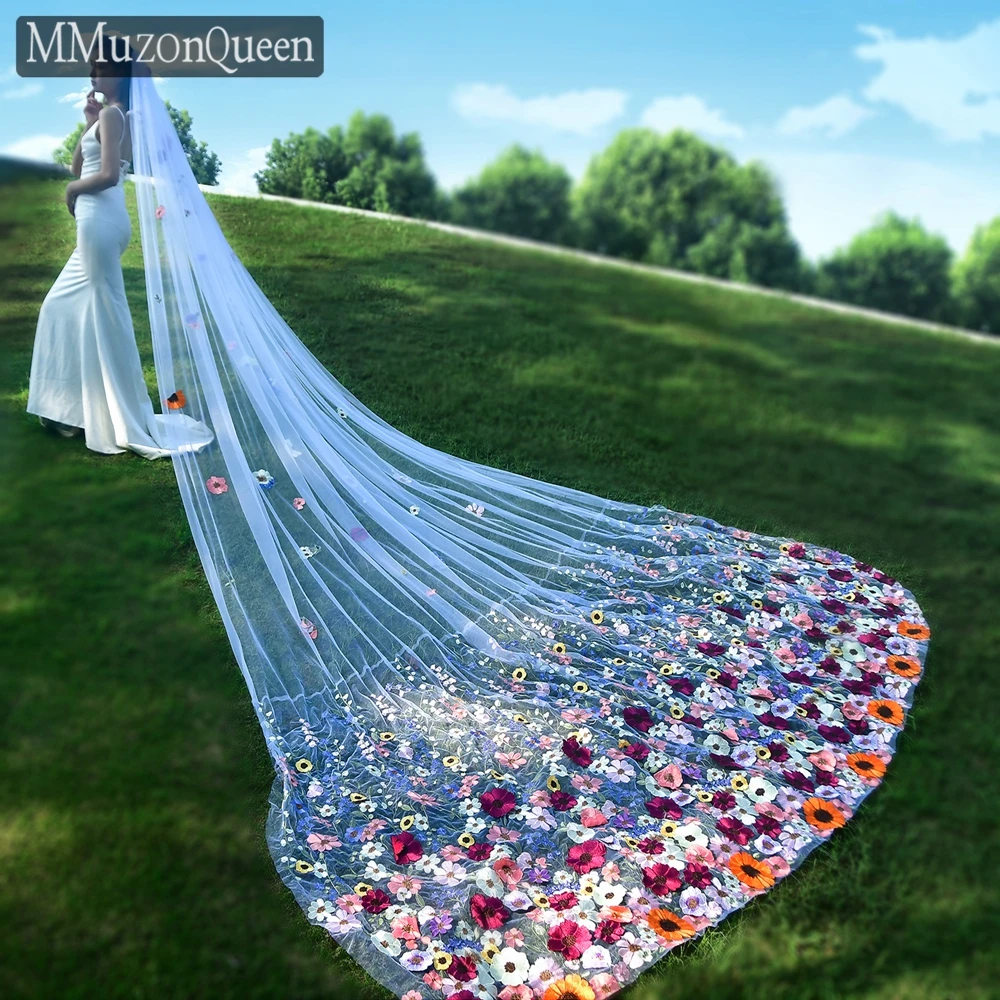 

MMQ M72 Bridal Veils 4 Meters1 Tier Cathedral Veil Wild Flower Long Floor Length Wedding Veil With Comb original ideas wedding