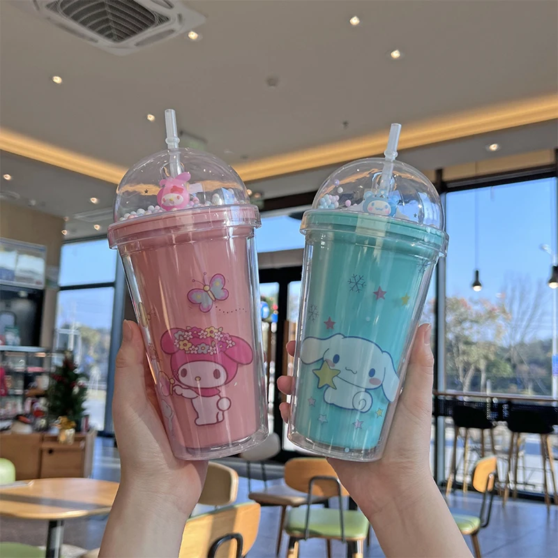 450ml Sanrio Water Bottle Anime Kuromi Plastic Cup Cartoon Portable Double Layer Heat Insulation Straw Water Glass Children Gift