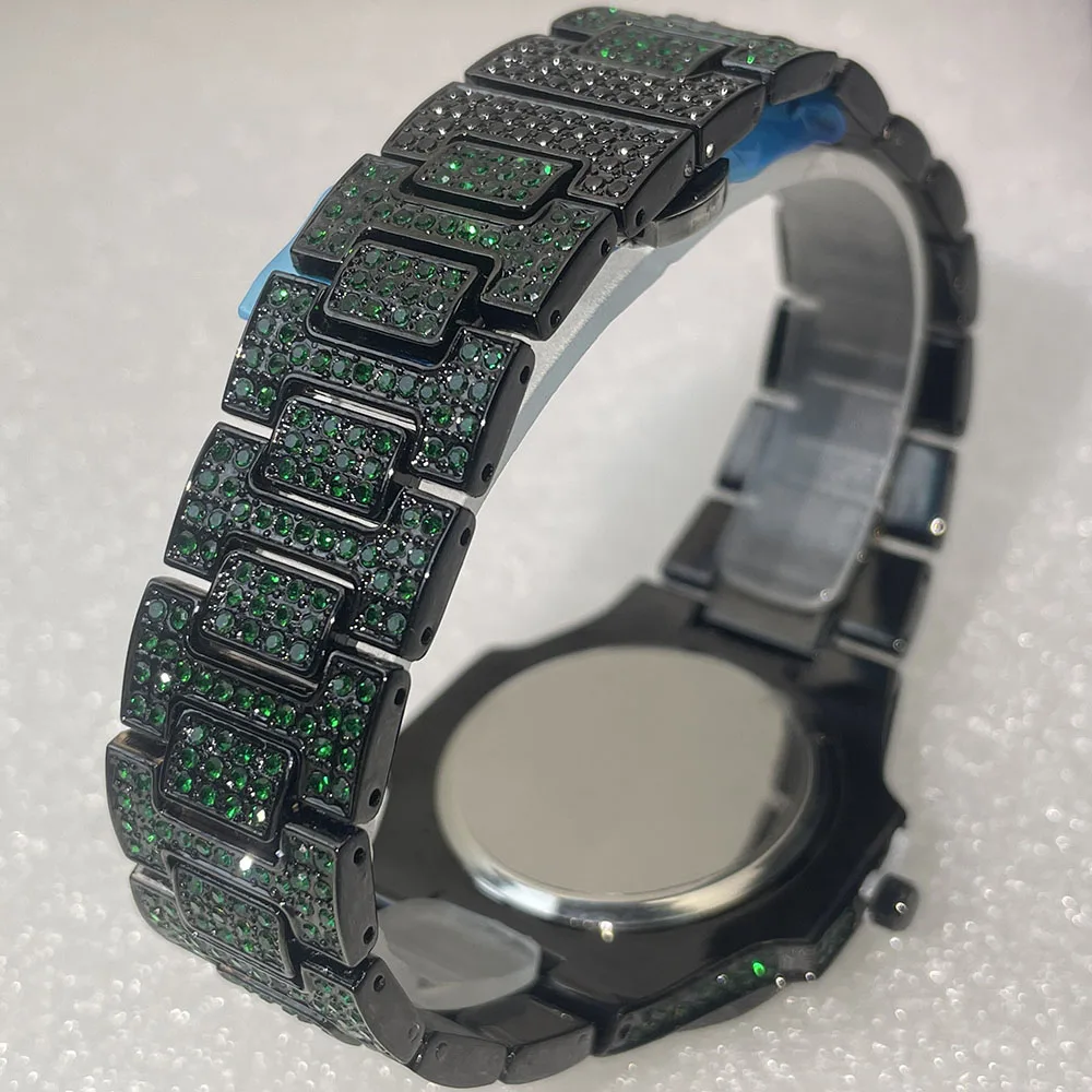 Vendita calda Fashion Green Iced Watch For Men orologio da polso al quarzo impermeabile in acciaio inossidabile uomo Hip Hop Diamond Jewelry orologi Reloj