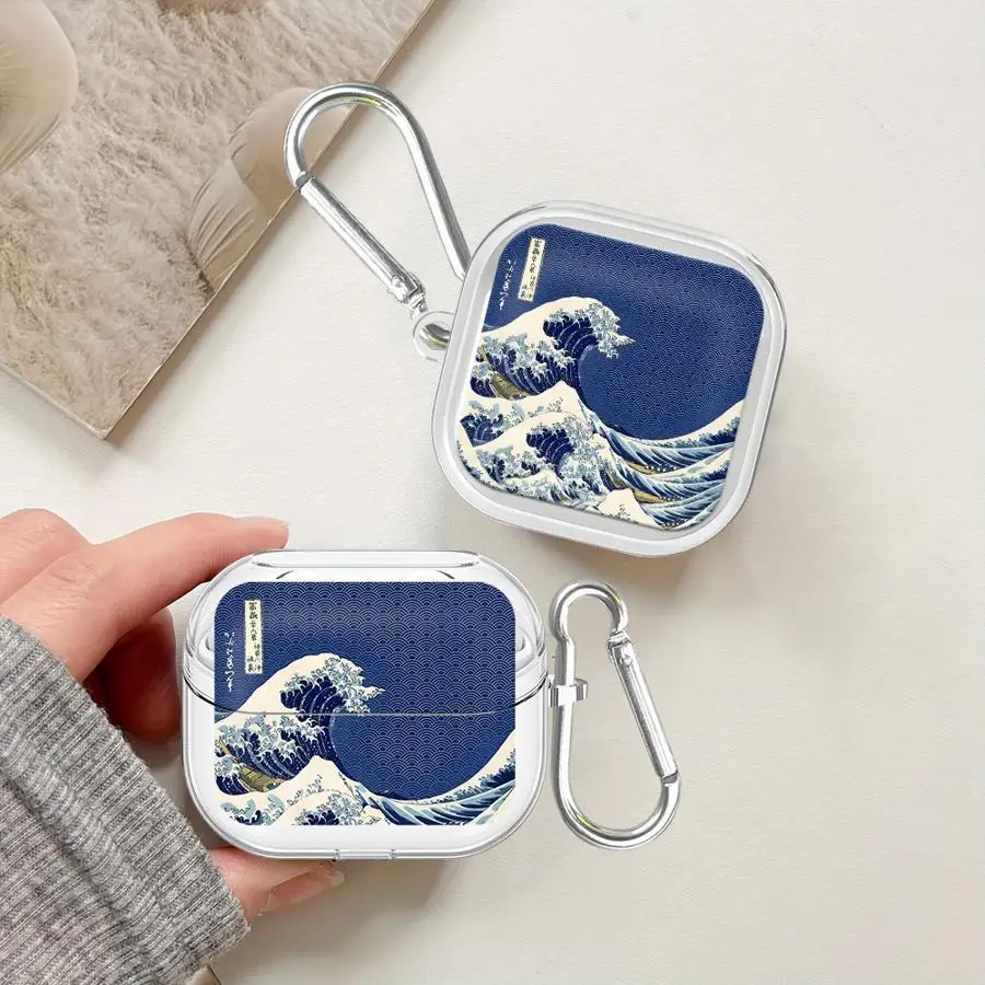 

Clear Earphone Cases Cover With Hook Case For Samsung Galaxy Buds 4Pro 4 Pro Live 3Pro 3 FE 2Pro 2 Cartoon Ocean Tsunami