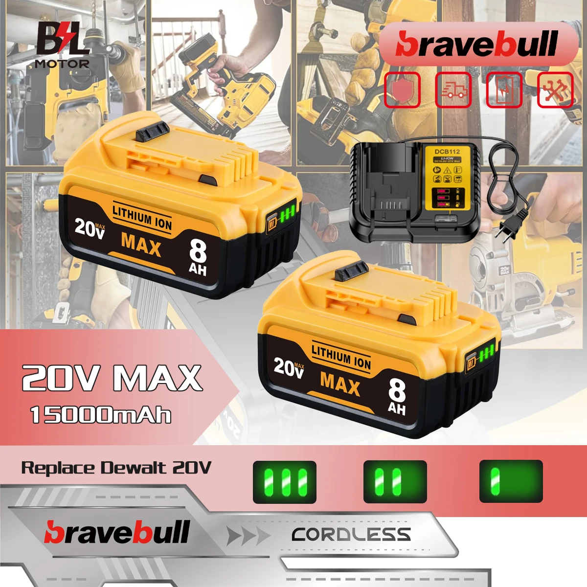 

Bravebull 15000mAh Large Capacity 20V Rechargeable Lithium-ion Battery For Dewalt Battery Replace DCB206 DCB207 DCB204 DCB201