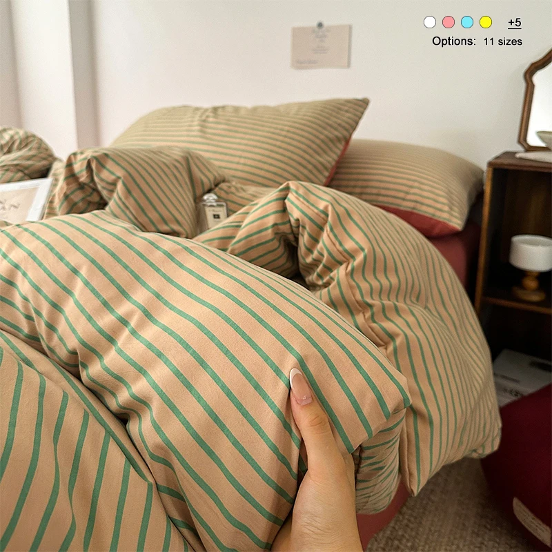 Striped Microfiber Bedding Set With 1 Duvet Cover,1 Flat Sheet and 2 Pillowcases, Soft Breathable Wrinkle‑Resistant Bed Linens