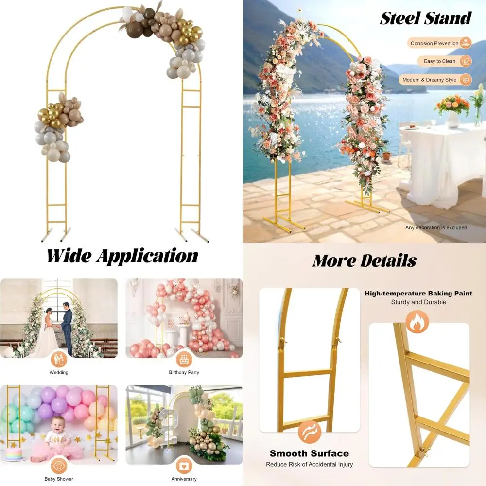 

Gold Metal Wedding Arch with Open Double Balloon Design and Base Stand for Party and Garden Events