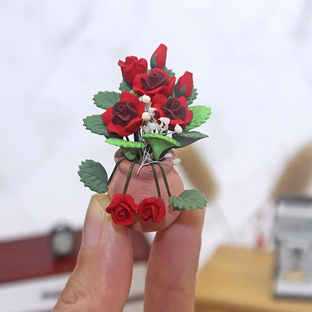 1/12 Dollhouse Miniature Accessories Mini Red Rose Potted Plant Simulation Flower Model for Doll House Decoration ob11