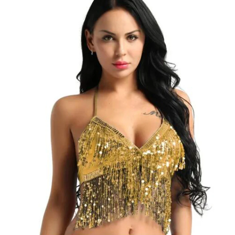 

Shiny Sequins Belly Dance Costume Padded Bra Halter Top Sequin Performance Outfits Club Party Festival Rave Dance Sexy Crop Tops