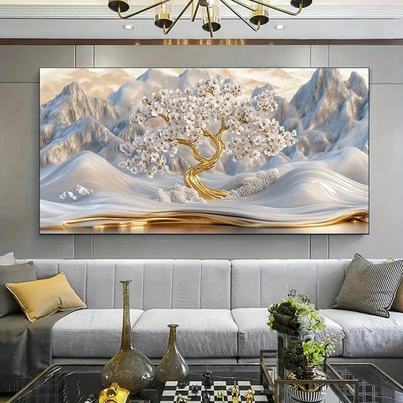 

Frameless Modern Canvas Wall Art Golden Tree Mountain Landscape, for Living Room, Bedroom Decor, Contemporary Home Decoration
