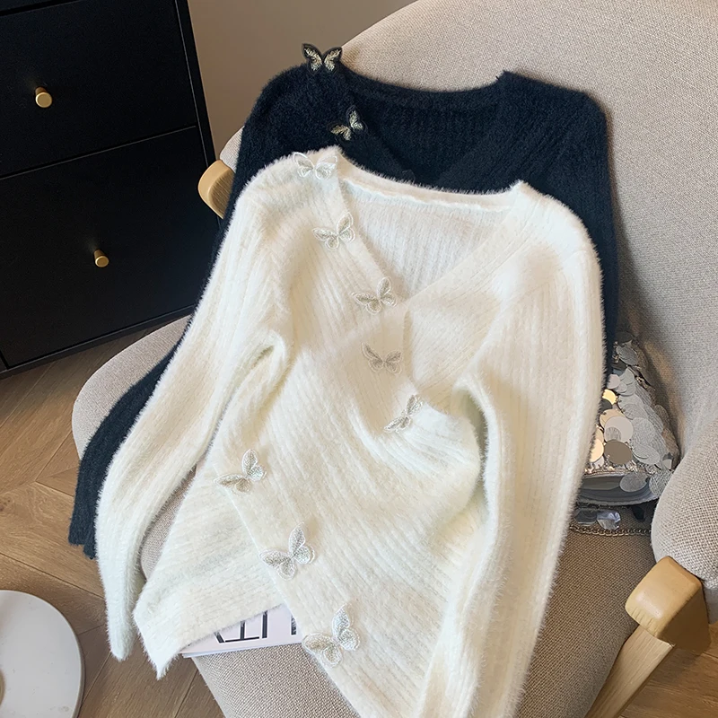 Fashion Slim V-Neck Knitted Sweater For Women Autumn Winter Butterfly Solid Long Sleeved Pullover 2024 New Irregular Short Tops