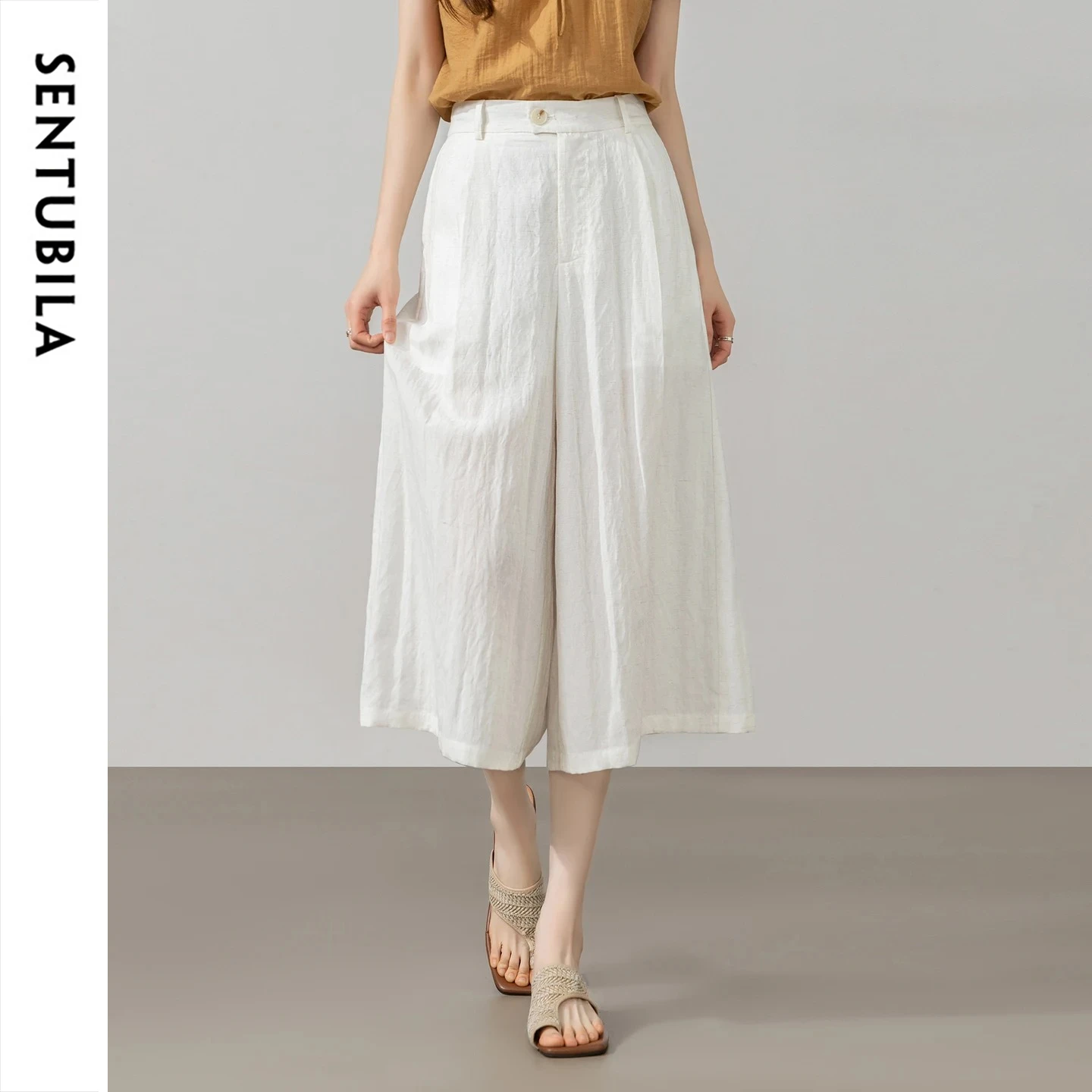 SENTUBILA Commute Simple Cropped Wide Leg Pants 2026 Summer Pleated Textured Elastic Waistband Loose Casual Trousers 162KD7286