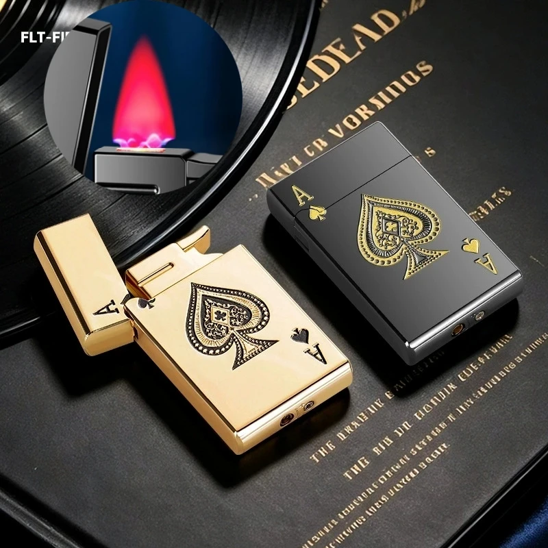 Fashion Poker Inflatable Windproof Lighter Metal Red Fire Direct Charging Flat Burner Outdoor Portable Igniter Smoking Gift