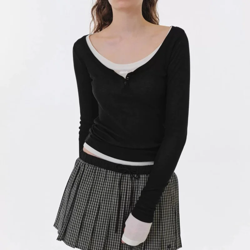 Slim Fit Long Sve U-Ne bouton couleur Pure Base irt haut superposé femme Faion humidité ng mince hiver T-irt